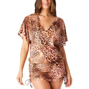 Bar Iii Women's Glam Cheetah Adjustable-Side Cover-Up Caftan Swimsuit S 12863